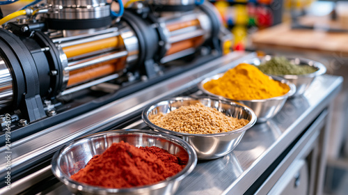 Bright food manufacturing facility producing vegetarian soy sausages using advanced cutter technology, colorful spices displayed in polished metal bowls on stainless steel counter, ultra photorealis
