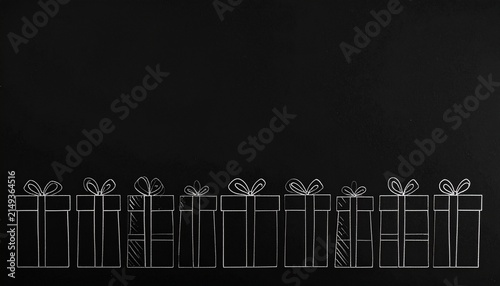 Gift Boxes Line Artwork White Outline Drawings Black Background Minimalist Festive Ribbon Patterns Elegant Decorative Celebration Design