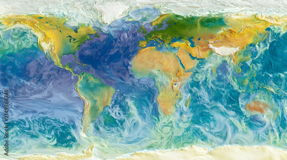 Fototapeta premium A vibrant global map showing continents and oceans with color coded elevation and depth variations