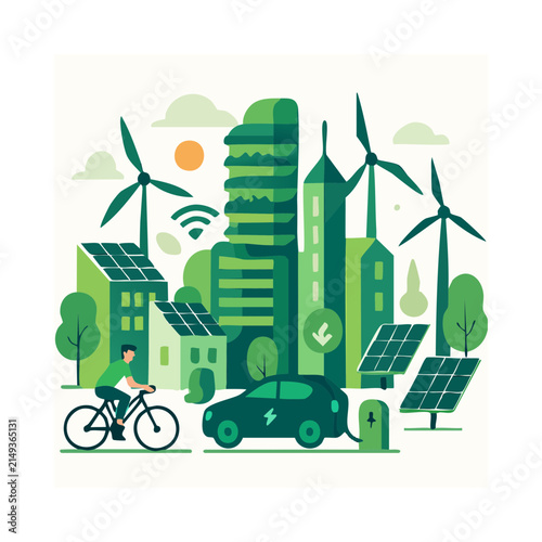 Green Smart City with Renewable Energy Illustration.