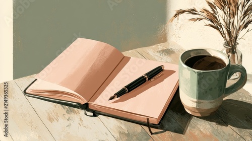 A still life featuring an open notebook, black fountain pen, green mug of coffee, and dried flowers in a sunny, cozy setting with soft tones.