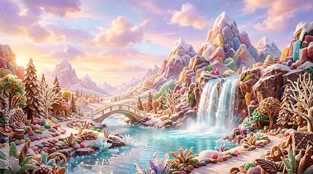 Fototapeta premium Whimsical Candy Land Landscape with Chocolate River and Waterfall