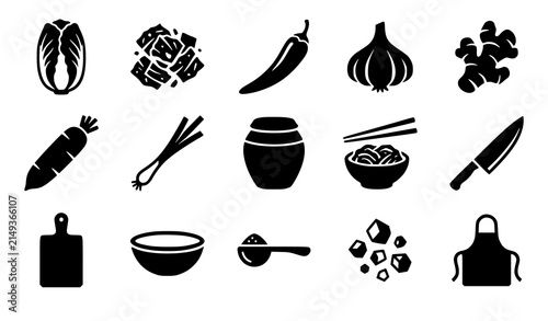 Minimalist Dark Green Korean Kimchi Preparation Icon Set with Napa Cabbage Fermentation Jar and Traditional Cooking Elements