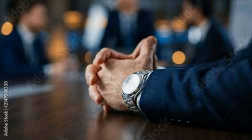 Corporate negotiator wearing luxury watch with clasped hands in corporate meeting for leadership mentorship