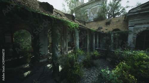 Ivydraped columns framing sunlit courtyard with scattered ruins and lush growth roof gaps allow shafts of light over wild undergrowth, tactile stone surfaces