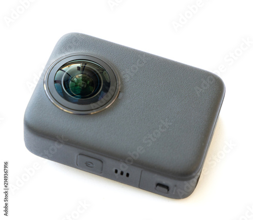 Foto Modern action camera with fisheye lens on white background