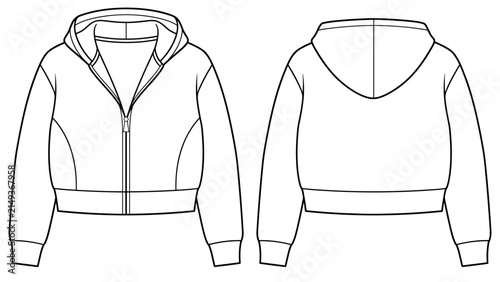 Women's Cropped Zip Up Hoodie flat technical drawing illustration mock-up template for design and tech packs women fashion CAD streetwear.