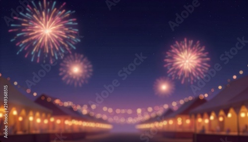 満天の夜空に美しく打ち上がる花火と、屋台の灯りのボケ味が広がる幻想的な夏祭りの背景イラスト　Beautiful Fireworks and Glowing Bokeh Lights from Food Stalls at a Summer Festival Night