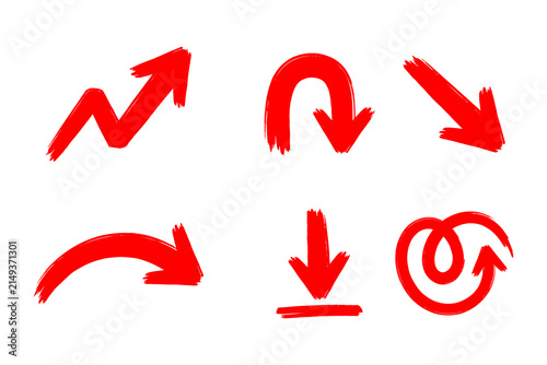 Red hand drawn bold brush curved pointer arrows set isolated on transparent background