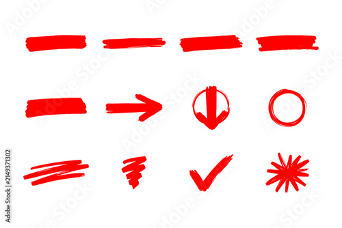 Red hand drawn brush lines checkmark and highlight circle symbols set isolated on transparent background