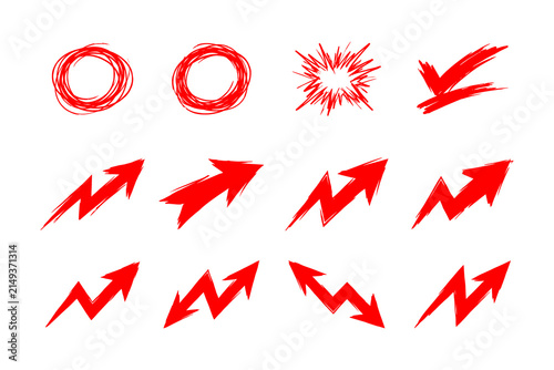 Red hand drawn jagged trend arrows and circle emphasis symbols set isolated on transparent background.