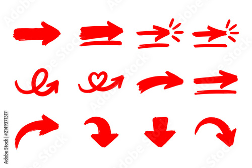 Red hand drawn thick marker arrows and heart loop symbols set isolated on transparent background.