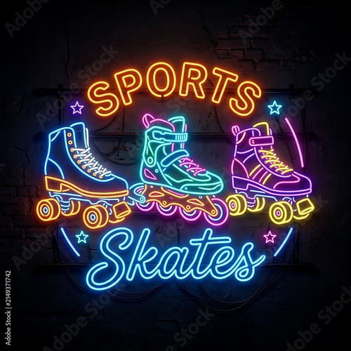 Colorful Neon Sign of Sports Skates on Dark Background.