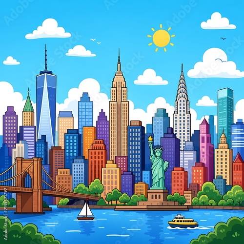 Colorful New York City skyline with iconic landmarks.