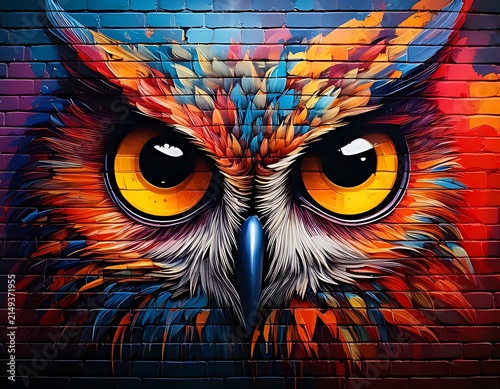 Colorful Owl Graffiti on Brick Wall.