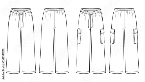 double layer waistband streetwear cargo pants and joggers flat sketch vector illustration modern technical cad drawing template front and back view