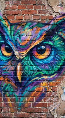 Colorful Owl Graffiti on Brick Wall Art.