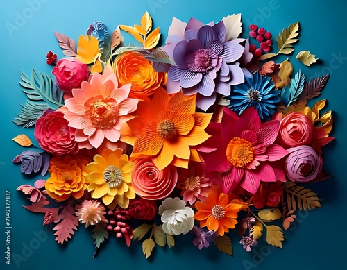 Colorful Paper Flower Arrangement on Teal Background.