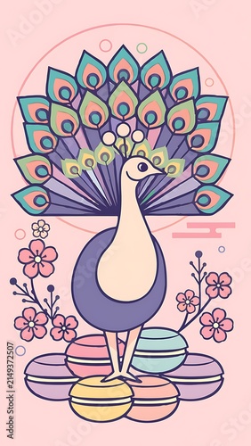Colorful Peacock Illustration with Macarons and Flowers.