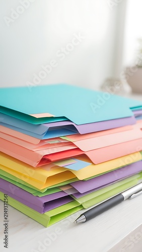 Colorful pencils stacked neatly on white surface.