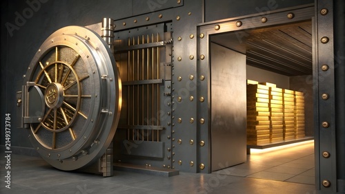 Large heavy steel vault door open to reveal a secure room filled with stacks of gold bars