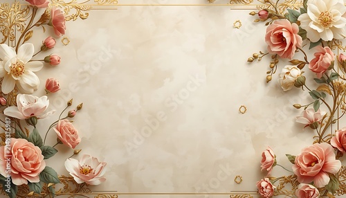 Decorative Botanical Floral Border with Antique Paper Texture and Elegant Peach Blossom Composition for Wedding Templates