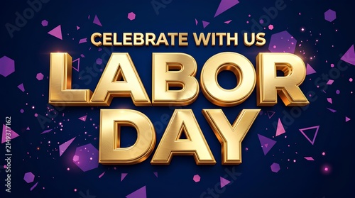 3D golden Labor Day typography on purple geometric background.