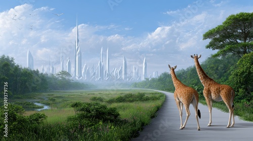 Two giraffes walk along a boardwalk through lush greenery towards a futuristic city with towering skyscrapers under a partly cloudy sky.