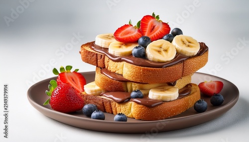 Toast Slices With Chocolate Banana Strawberries And Berries On Clean White Background