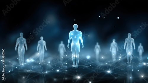 Digital human figures connected by a glowing network, symbolizing technology, connectivity, and data exchange in a futuristic virtual environment.