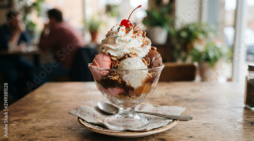 Delicious ice cream sundae with whipped cream and cherry in a cozy café setting