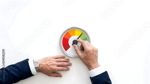 Business professional adjusting risk assessment gauge toward safer green zone for management decision making