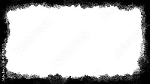 Grunge border frame features black ink paint brush edge texture on blank white background layout. Rough vignetting decorative header design for photo poster banner clip art.