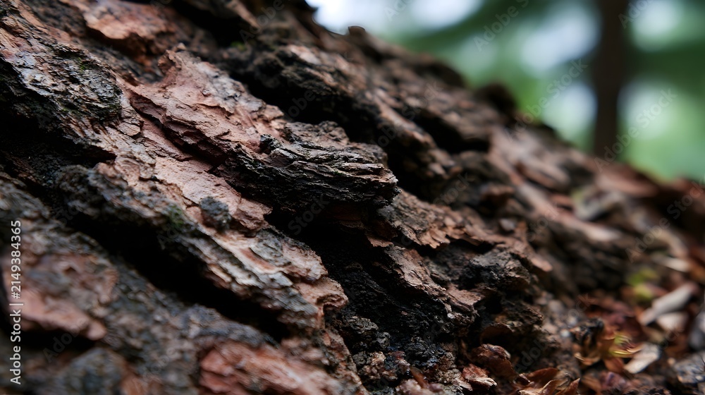 Fototapeta premium Close up of textured tree bark showing layered patterns and earthy tones under natural lighting