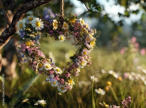 Heart-shaped flower wreath hanging from tree branch in sunny meadow