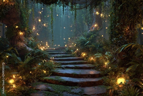 Enchanted forest stone stairway with glowing fairy lights and magical atmosphere