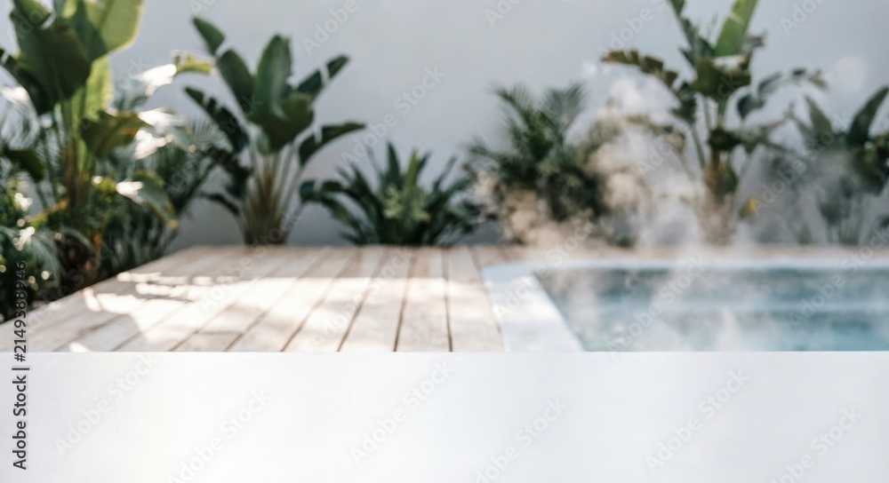 Fototapeta premium Modern Poolside Terrace with Tropical Plants for Interior Design