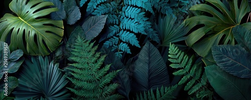 Tropical jungle leaf pattern background with dark exotic foliage