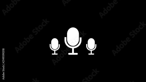 Minimalist podcast microphone animation, audio recording concept, white studio mic on black background