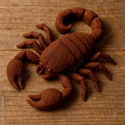 Scorpion Shaped Chocolate Cookie on Wooden Surface