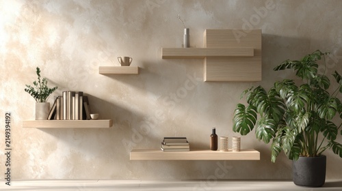 Modern interior design with floating shelves and plant decor on wall
