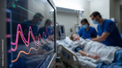 Medical team monitoring critically ill patient on cardiac monitor in ICU, tracking vital signs closely