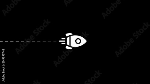 Minimalist rocket ship animation flying with dotted trail on black background, spaceship motion launch