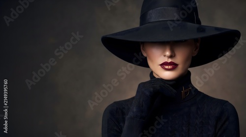 Mysterious elegant woman in black hat and gloves with bold red lips fashion portrait with copy space