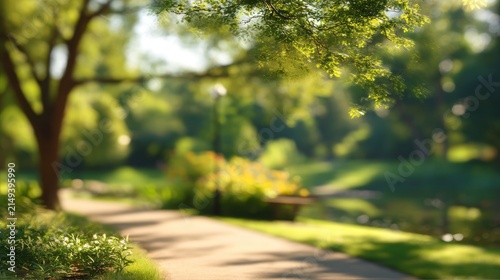 Blurred view of a park with path trees and sunlight for background