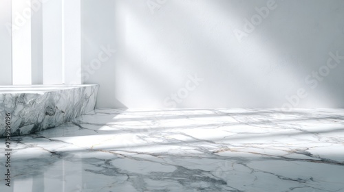 Minimalist white marble background with natural light and copy space