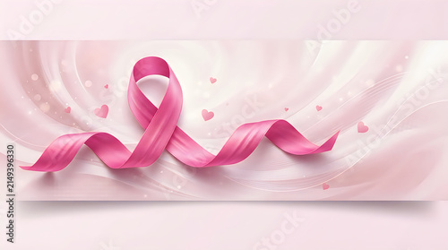 A pink ribbon symbol representing breast cancer awareness month on a soft light pink wavy background