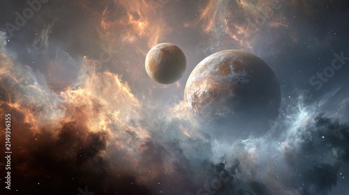 Planets and nebulae illustration celestial bodies in cosmic cloudy environment