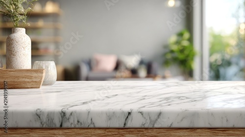 Marble tabletop with vase and blurred interior background for product display