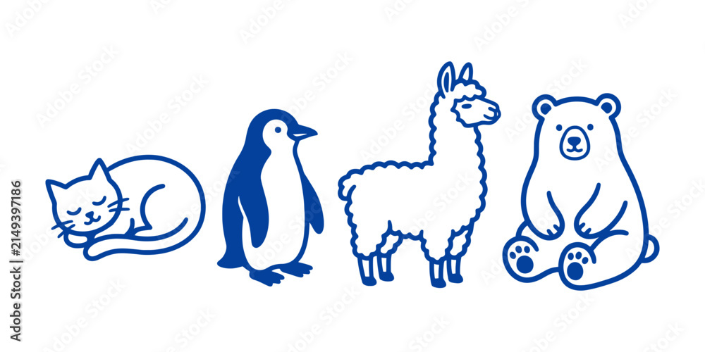 Naklejka premium Cute blue outline cartoon animal characters set including a sleeping cat a penguin a llama and a bear for various design projects